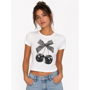 Homegirl Society White Cherry Gingham Bow  Graphic Baby Tee Small